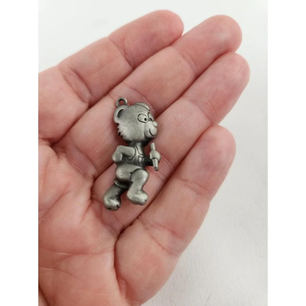 Vintage Pewter Track Bear Pendant Charm Necklace Bracelet Running Runner Baton